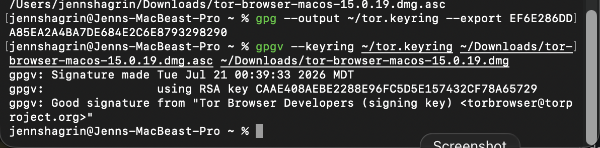 Terminal output verifying the Tor Browser download signature with GPG